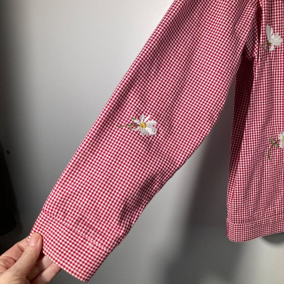Womens Gingham Daisy‎ Button Jacket L Red White Long Sleeve Pockets - Picture 5 of 9
